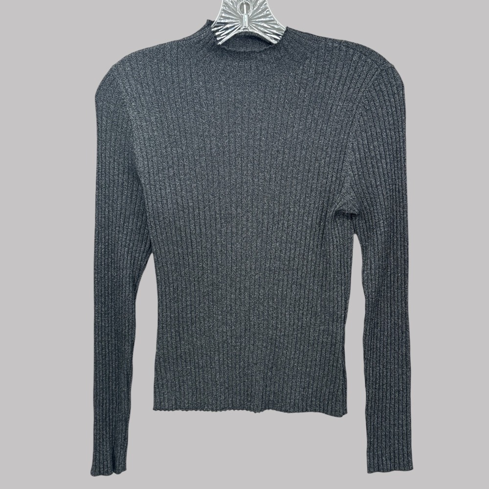 J.McLaughlin Sweater Small Black Metallic Mock Ribbed Knit Long Sleeve Sylvana